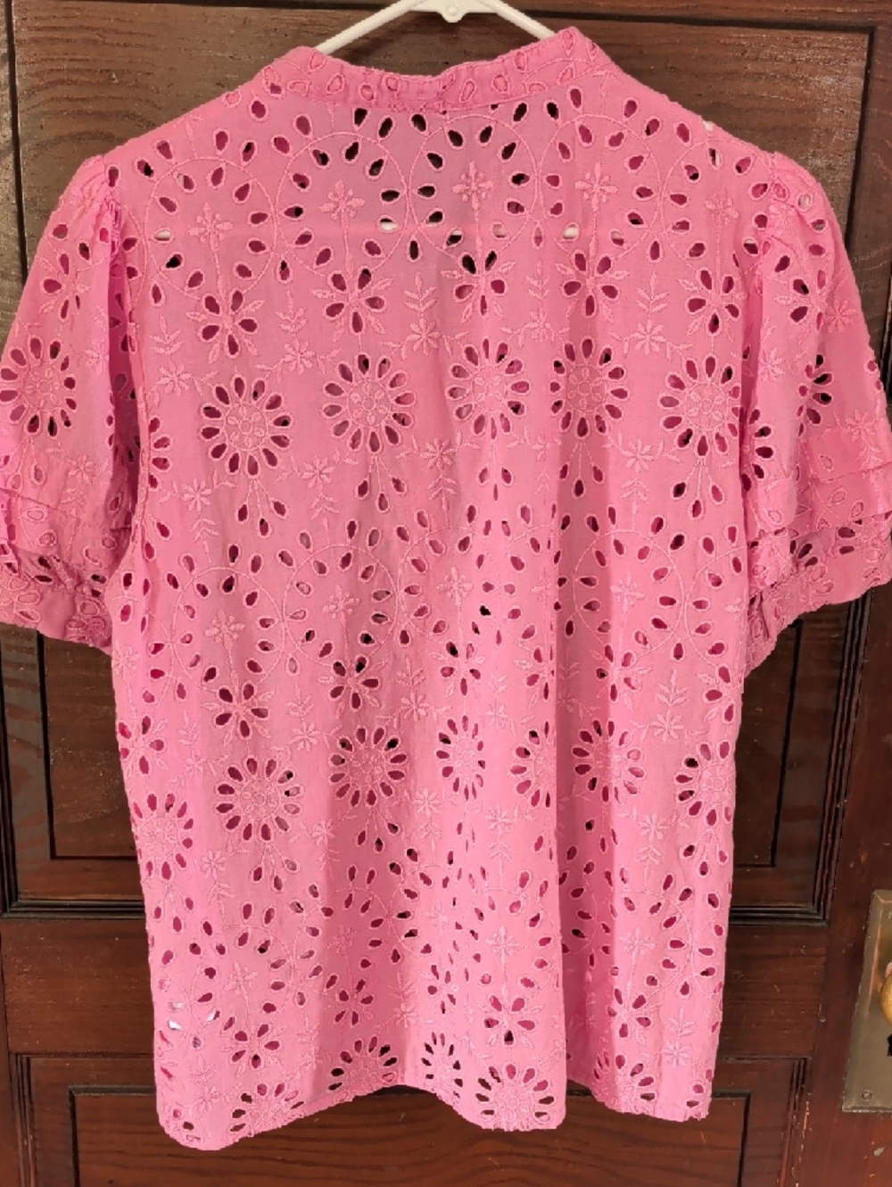 J. Crew Pink Split-Neck Embroidered Eyelet Short Puff Sleeve Blouse - Picture 7 of 10